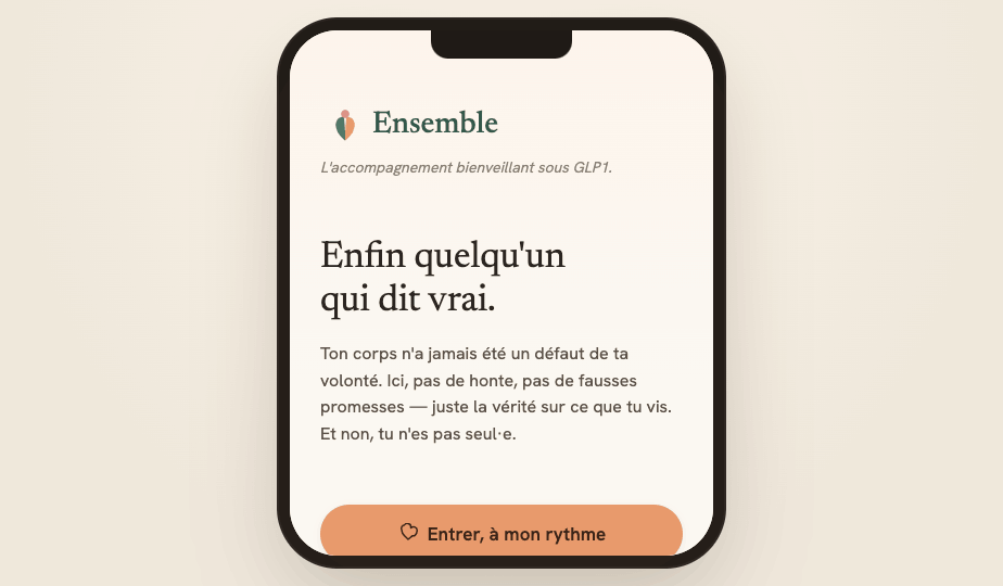 Interface de l'application Ensemble : accompagnement quotidien sous traitement GLP-1 (Wegovy, Ozempic, Mounjaro)